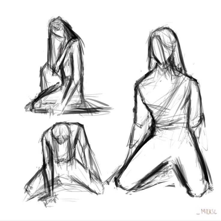 a digital sketch of three women in different sitting poses. the figures are drawn with a simple line style in black and white. the image is cropped from the top and bottom and has the artist's signature in the bottom right corner.