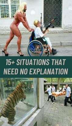 the image is a compilation of humorous and absurd situations, presented as if they need no explanation. the top image features a muscular person in a swimsuit pushing an elderly person in a wheelchair, who is holding firearms. the bottom images show a tiger trying to break out of its enclosure at the zoo and a group of people carrying a tiger on a stretcher.