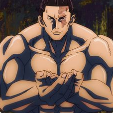 a muscular anime character stands with his arms crossed and a confident smirk on his face. he has a scar over his left eye and his skin is tanned. the background is a blurry forest with dappled sunlight filtering through the trees.