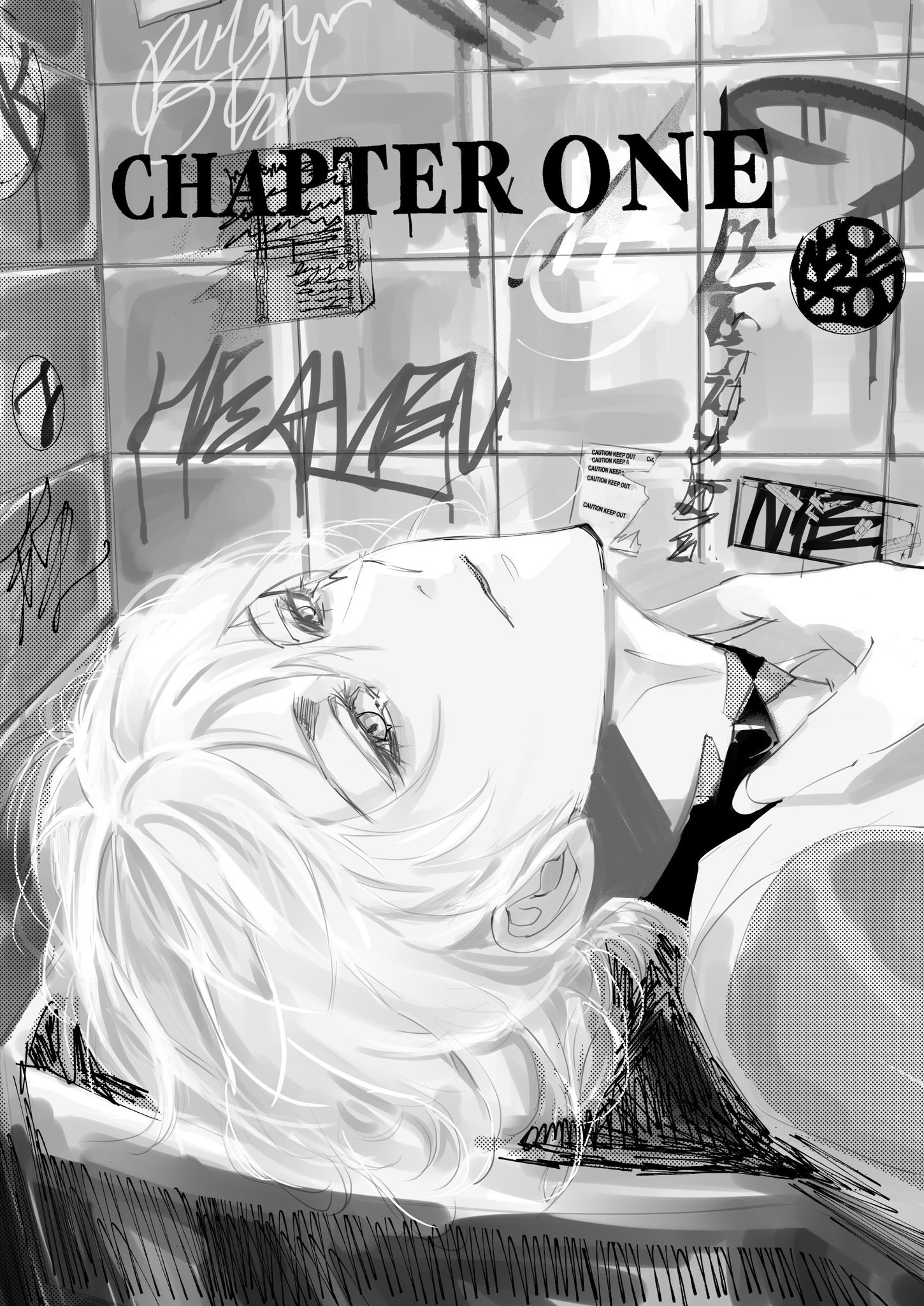a black and white manga page featuring a young woman with long hair. she's laying with her head tilted to the side. the image is set against a background of a tiled room with graffiti writing. the text "chapter one" is written in the top middle of the image.