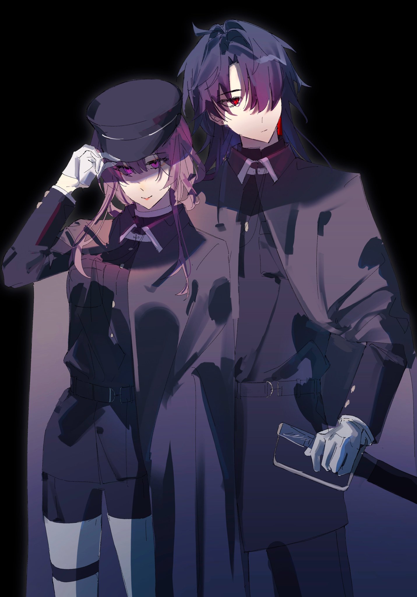 the image is of two anime characters, a male and a female, both dressed in military uniforms. the male is on the right side of the image and is holding a weapon. the female is on the left side and is holding a gun. they are standing in front of a dark background. the male has dark purple hair and red eyes, while the female has pink hair and black eyes. they are both wearing black uniforms with purple trim. the male is also wearing a white glove. the female is wearing a black hat with a purple ribbon.