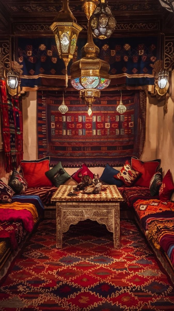 the image shows a room decorated in a moroccan style. there are hanging lanterns, cushions, carpets, and a table. the room is lit with warm lighting, creating a cozy atmosphere. the decor is ornate and features traditional textiles and patterns. the space appears to be a seating area.