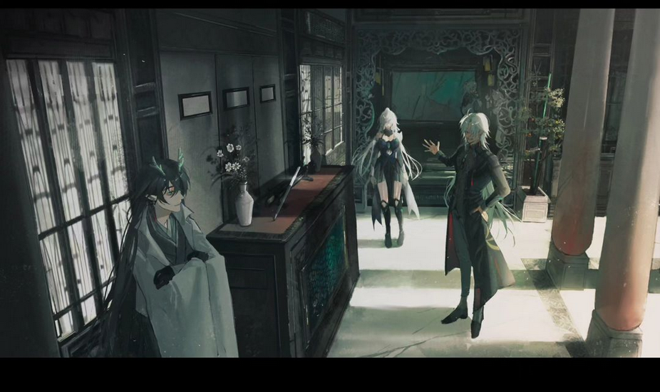 the image shows three anime characters standing in a dark room. the character on the left is a male with long black hair wearing a white coat and a black shirt. the character in the middle is a female with white hair and a blue dress. the character on the right is a male with white hair and a long black coat and black pants. the room is decorated with chinese style elements like a table, windows, pillars, and a vase with white flowers.