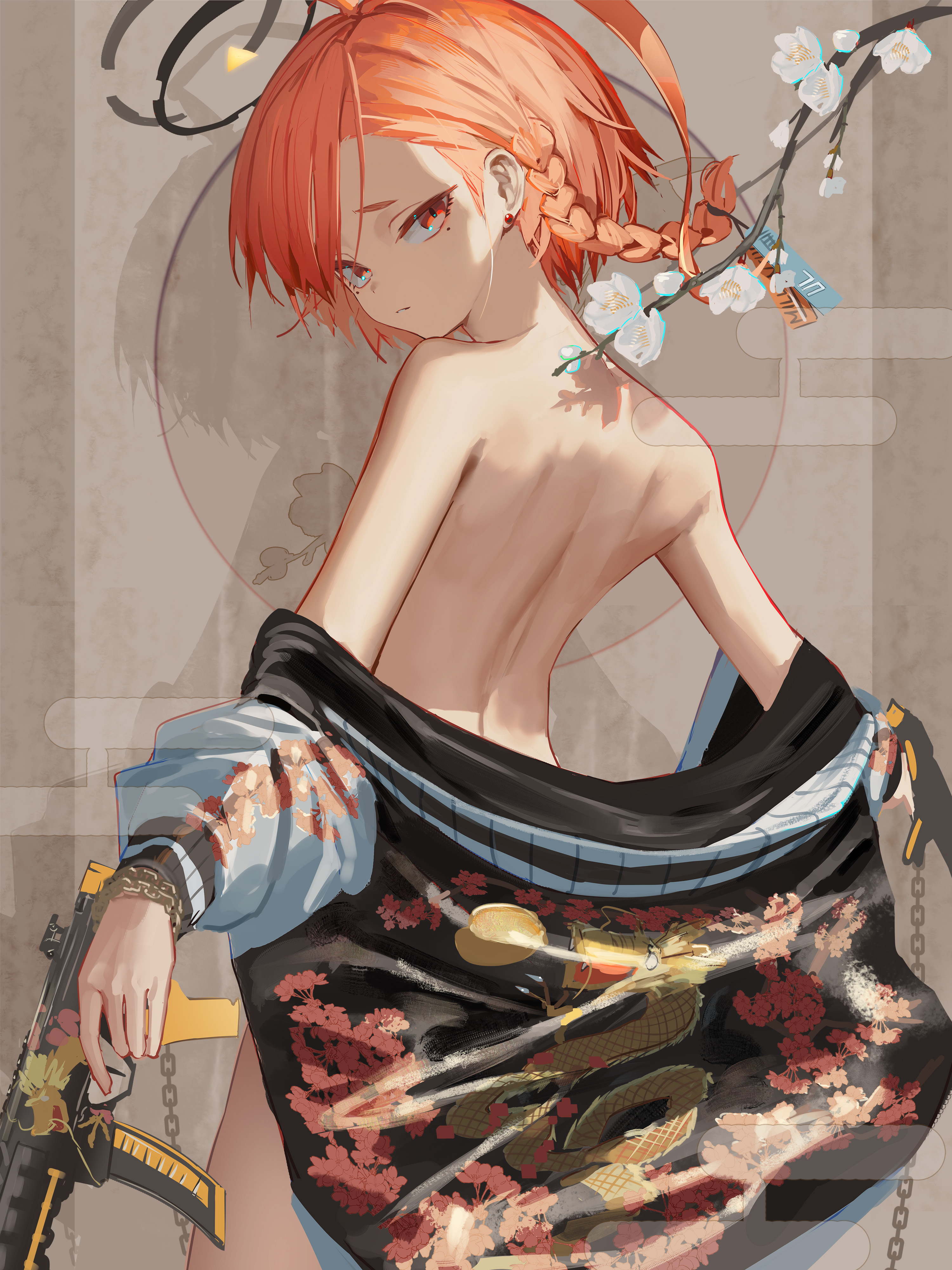 the image is a digital painting of an animestyle girl with vibrant orange hair styled in a braid. she's seen from behind, her back bare, and wearing a stylish jacket with a floral pattern reminiscent of a kimono. the jacket has dark colors with hints of gold and light blue, along with a distinct dragon design.  she holds a submachine gun, adding a contrast between her delicate appearance and the weapon. a branch of delicate white cherry blossoms trails behind her, enhancing the image's japanese aesthetic. the background is a muted beige with subtle design elements, keeping focus on the character. the overall style is a mix of anime and realistic elements, offering a detailed and visually appealing artwork.