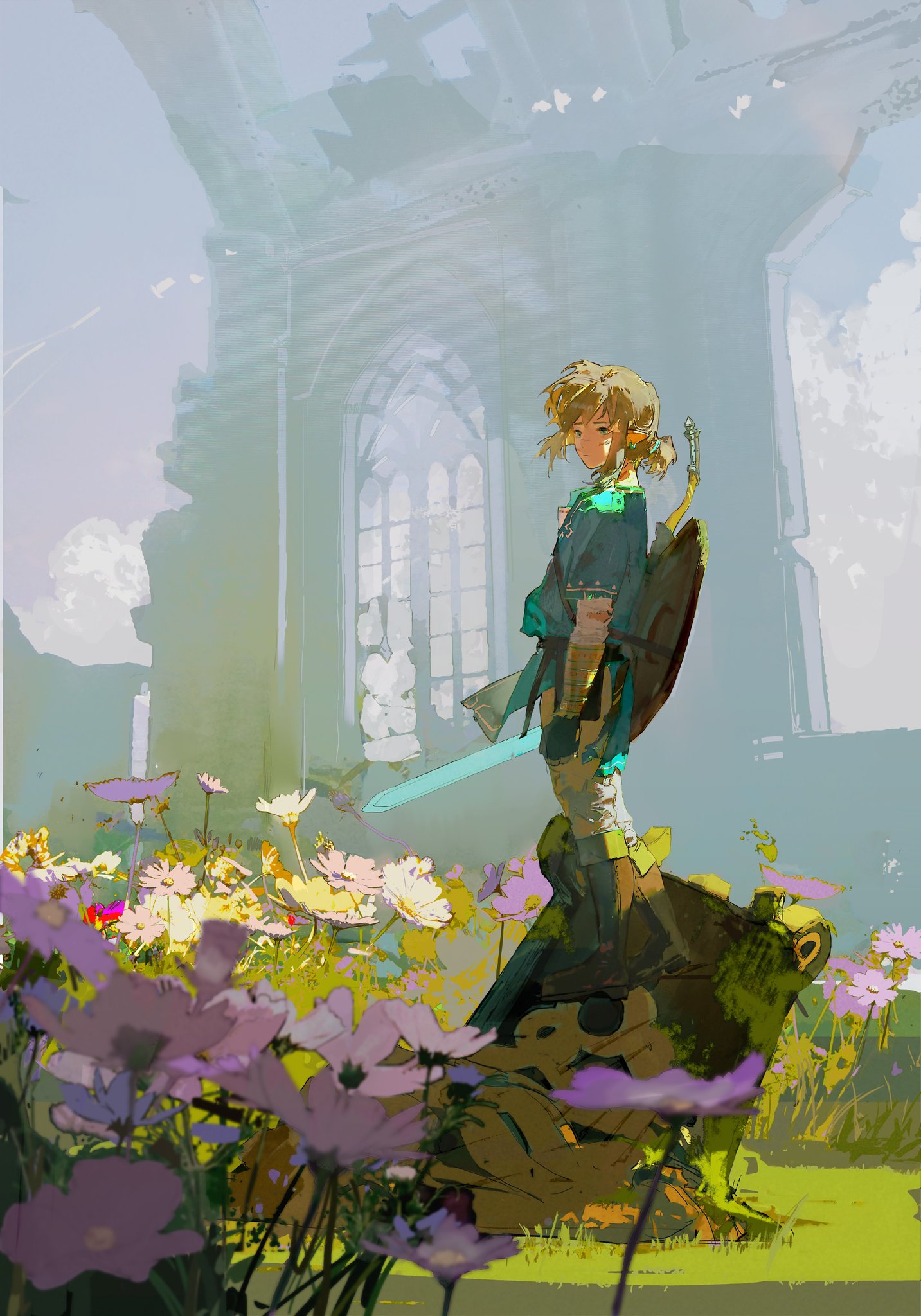 a digital illustration of an anime girl with blond hair holding a sword and shield standing in a field of flowers. the girl is in front of a ruined building with a large window. the colors in the image are vibrant and the style is painterly.