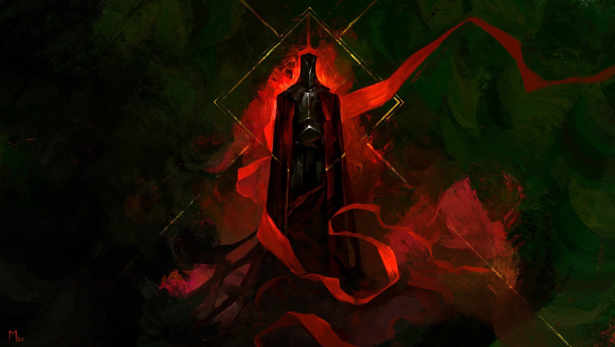 the image is a digital painting in a dark fantasy style.  the central focus is a tall, cloaked figure, seemingly humanoid but with obscured features, standing within a fiery, red and black abstract background. the figure is shrouded in shadow and a long, flowing, crimson cloth or ribbon weaves around it.  the background is a mix of dark greens and deep reds, with visible brush strokes and painted textures creating an atmospheric and slightly surreal effect.  gold lines form a diamond shape behind the figure, adding to the mystical and dramatic composition. the overall mood is mysterious, intense, and slightly eerie.