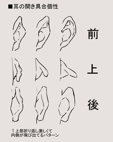 he image is a japanese language guide on drawing ears, showcasing variations in their shape and how they look from different angles (front, top, and side).  it shows multiple examples of ear shapes and provides a note (in japanese) explaining a particular type of ear structure where the upper part folds sharply and the inner part protrudes.  the drawing style is simple and lineart based, common in manga and anime art styles.