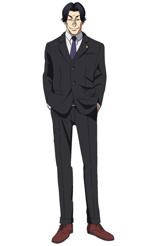 an anime man with slickedback black hair is wearing a black business suit with a white shirt, purple tie, and brown shoes. he has an unsettling smile and a gold pin on his left lapel.  the background is pure white.