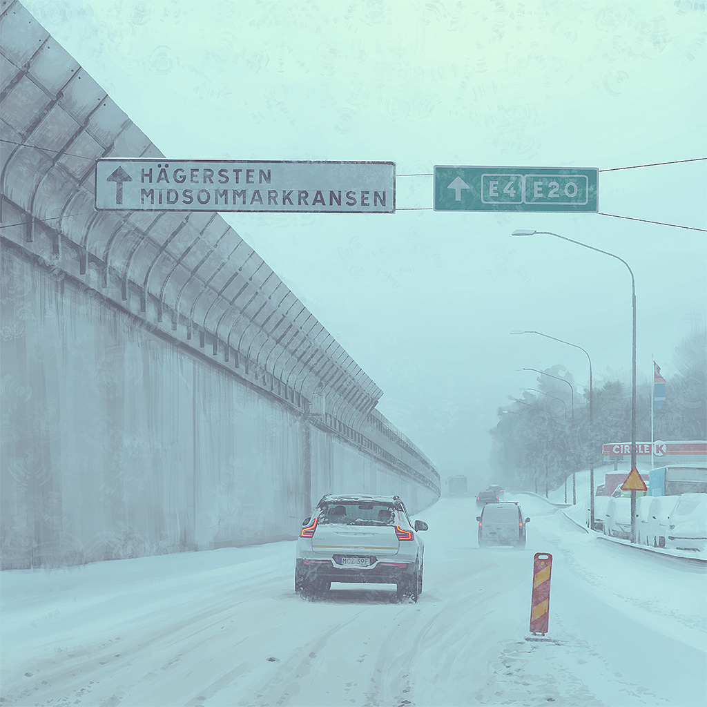 a white suv drives down a snowcovered road in a city. the road is lined with street lights and tall concrete barriers on one side. there is a sign above the road indicating the direction to hägersten and midsommarkransen. the road is a highway with a sign indicating the direction to e4 and e20. the snow is falling heavily and the weather is foggy. in the background there are other cars driving on the road and several parked vehicles. there is a gas station in the background with a circle k sign.