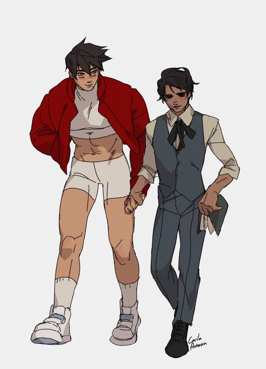 this is a digital art illustration of two men walking down the street. the man on the left is wearing a red jacket, white shorts, and white shoes. he is smiling and holding the hand of the man on the right. the man on the right is wearing a blue suit, a white shirt, a black tie, and black shoes. he is looking straight ahead and has a serious expression on his face. the background is a simple white.