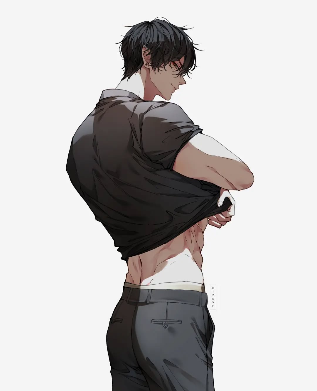 he image is a digital drawing of a handsome animestyle man with dark hair and a muscular physique. he is shown from the back and side, in the process of lifting his black tshirt, revealing his toned abs and back muscles. he is wearing gray pants and appears to be in a relaxed, confident pose. the art style is clean and detailed, with soft shading and a focus on realistic anatomy. the overall mood is sensual and suggestive, but not overtly sexual.