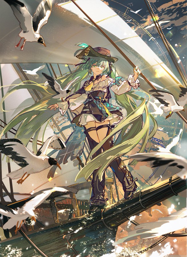 the image is a vibrant illustration of a young woman dressed as a pirate, standing on the railing of a ship with a flock of seagulls flying around her. she has long flowing green hair, green eyes, and is wearing a detailed pirate outfit with a hat. the scene is set against a backdrop of a sunny sky and the open ocean. the lighting is natural and bright, giving the image a sense of warmth and adventure. the low angle perspective makes the girl appear taller and emphasizes the feeling of freedom and excitement.