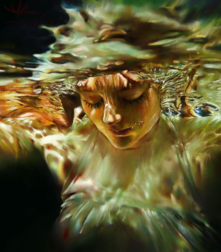 a woman with her eyes closed is underwater. the water is swirling around her, creating a dreamy and ethereal effect. the light is soft and golden, casting a warm glow on her skin. the colors are muted and pastel, giving the image a sense of peace and tranquility. the image is an artistic and digital painting, conveying a sense of fantasy and surrealism.
