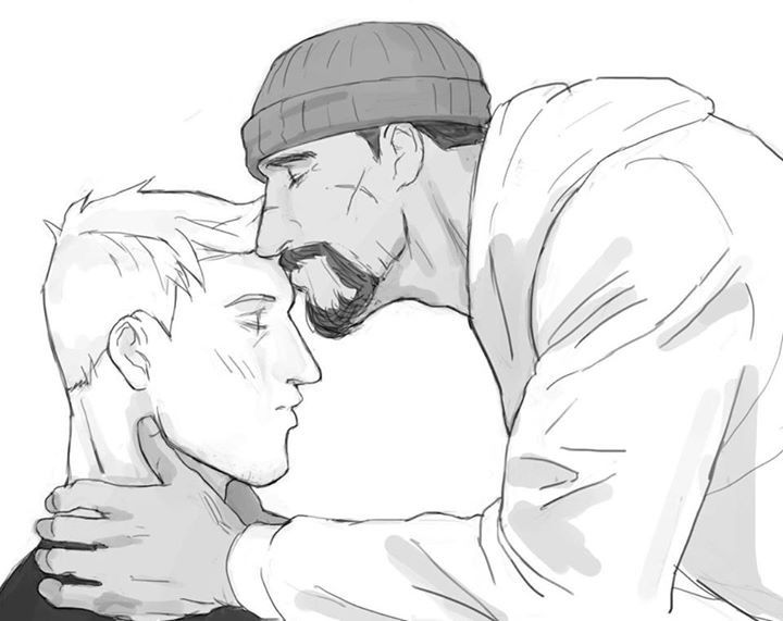 a grayscale sketch depicts two men in a tender moment. the taller man, wearing a beanie and a hoodie, leans down to kiss the other man's forehead. the shorter man gazes forward with a stoic expression while the taller man gently holds his neck.