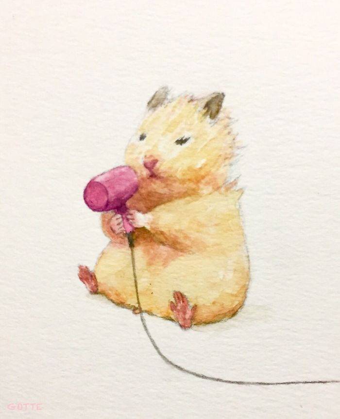 a small hamster sits on the ground facing left, holding a pink hair dryer to its face and looking serious. the background is blank and white.