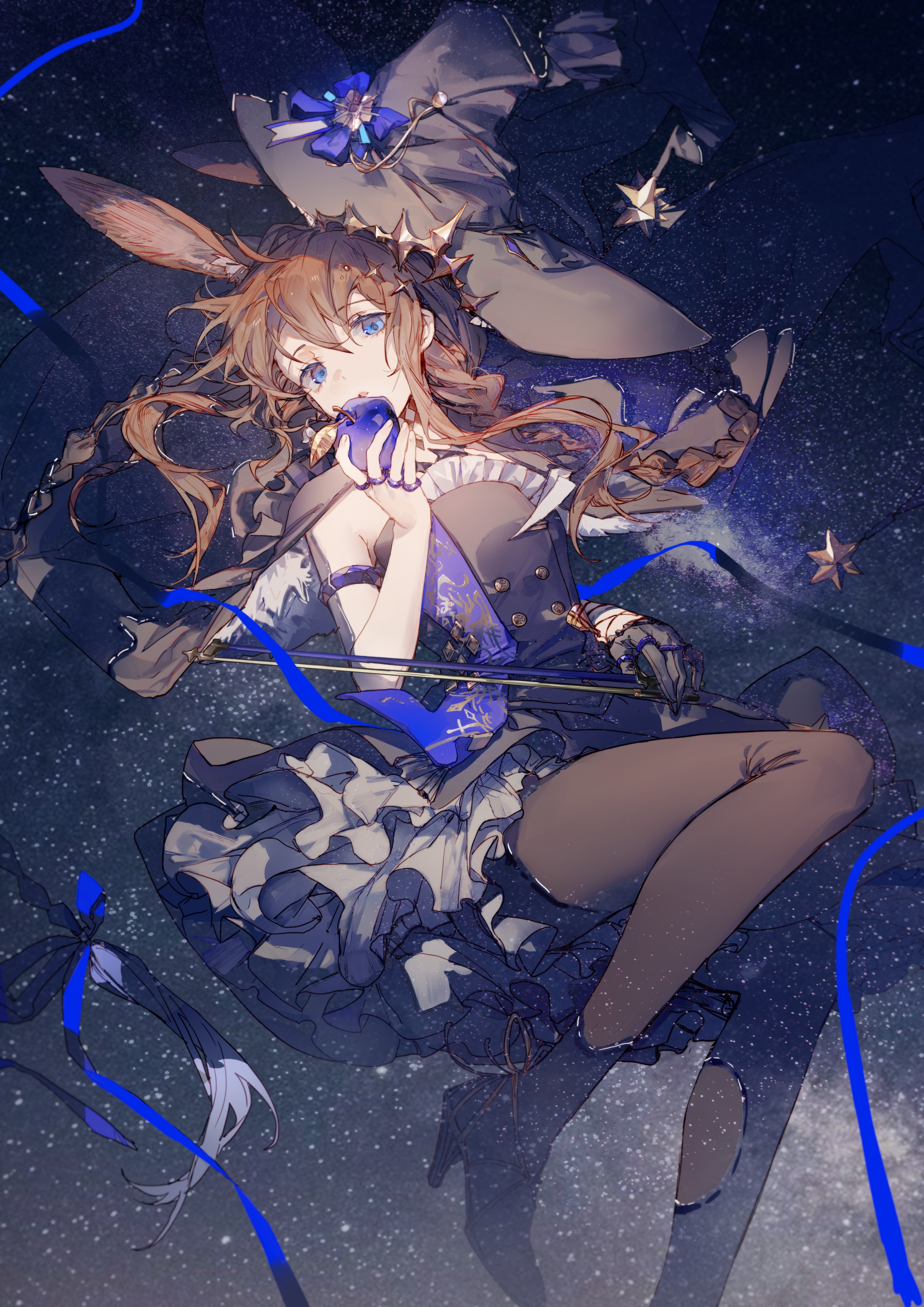 an anime girl with rabbit ears is lying down against a night sky background filled with stars. she is wearing a hat, a short dress with a ruffled skirt, tights, and boots. she has gloves on and is holding and eating an apple. a blue ribbon is present in the scene. she appears to be in a fantasy setting.