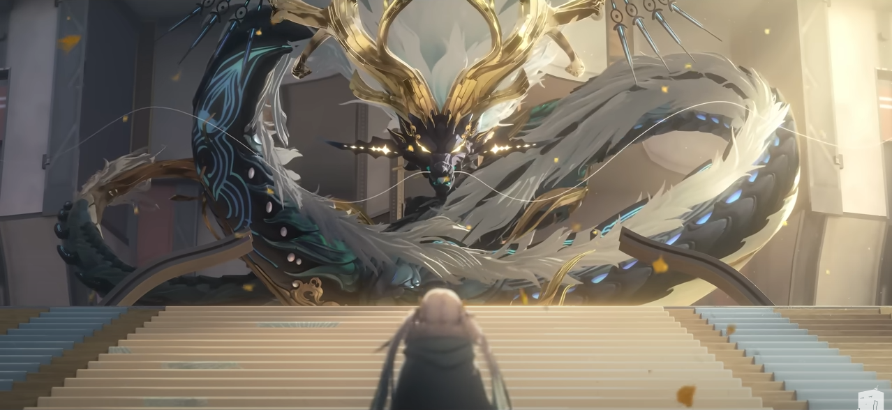 a woman with short blonde hair, wearing a long dark coat, stands at the bottom of a wide staircase. above her, dominating the image, is a massive dragonlike creature with a serpentine body, large antlers, and glowing eyes. the dragon is a mix of dark teal and gold, appearing almost skeletal in some areas. the setting appears to be inside a large, open building with a muted, warm color palette.