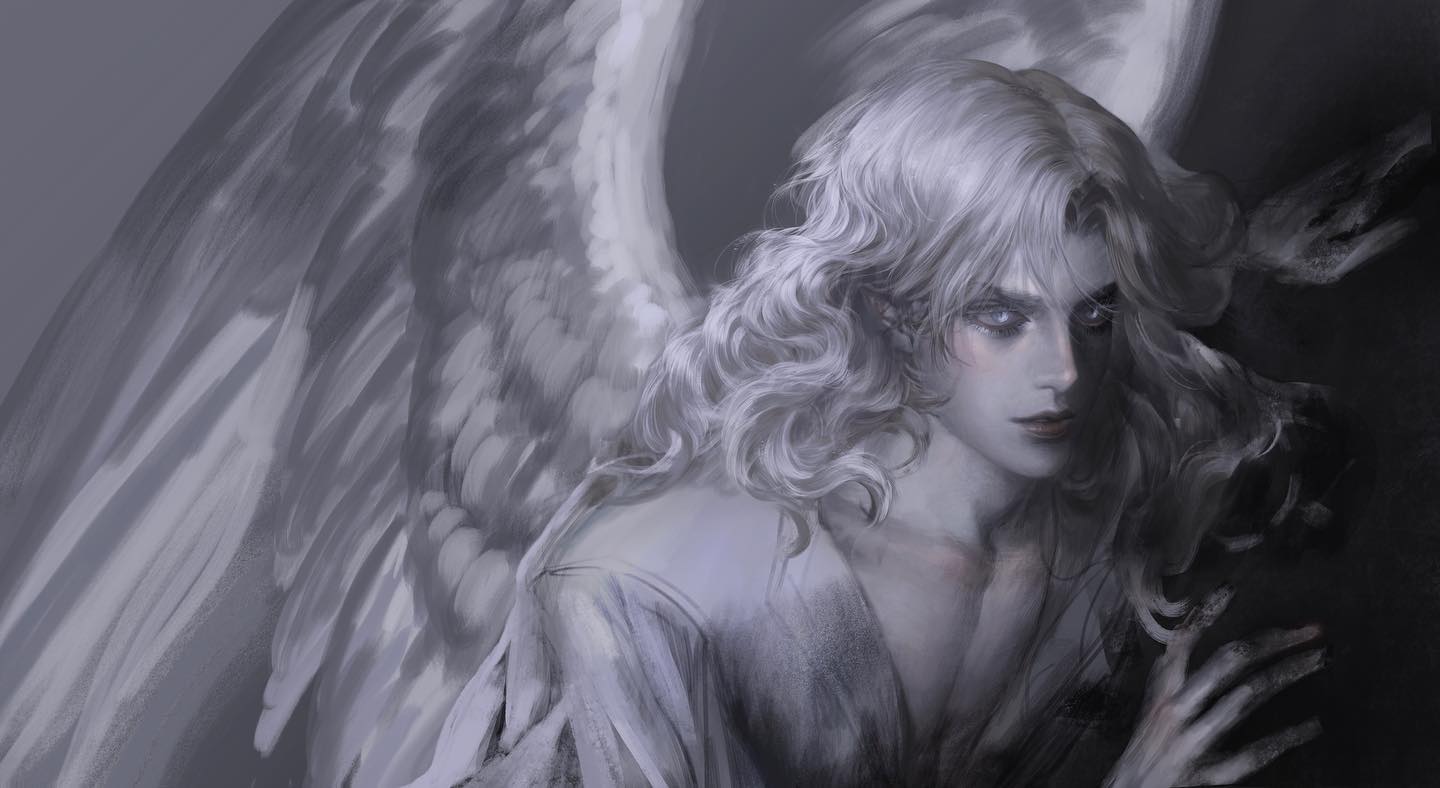a closeup digital painting of a young man depicted as an angel. he has flowing white hair and dark, intense eyes. his wings, rendered in shades of gray, fill the background. the overall lighting is soft and dramatic, creating an ethereal and slightly melancholic atmosphere.