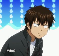 this is an illustration of an anime boy looking slightly suspicious while asking "who?". the boy has short brown hair and blue eyes, he is wearing a black jacket with a white shirt underneath. the background is a solid light blue with darker blue rain drops.