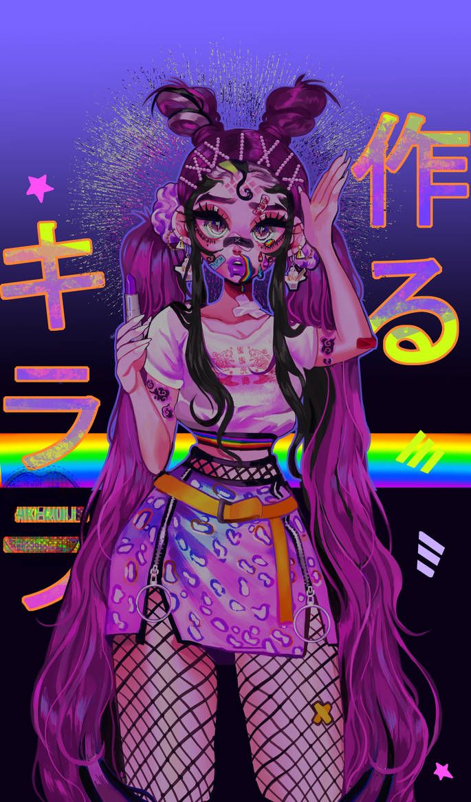 a digital illustration of an anime girl with purple hair, pink and purple clothing, and a cyberpunk aesthetic. she is wearing a short skirt, fishnet stockings, and a white tshirt. she has makeup on, and her hair is styled with two buns. the background is black and pink with rainbow streaks, and there are japanese characters written in the background.