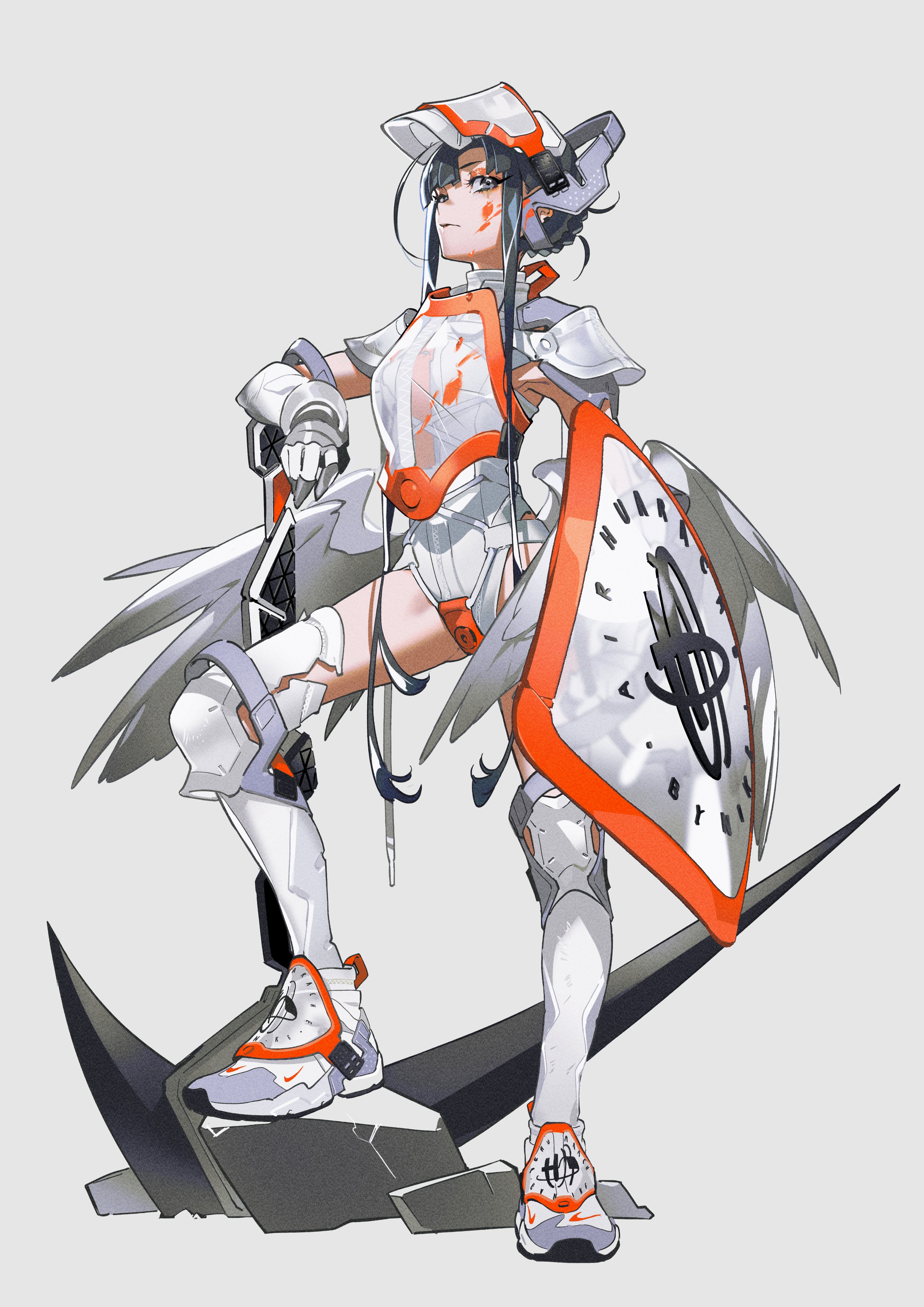 the image showcases a female warrior with angelic features. she's clad in white and orange futuristic armor, accented with gray details. the armor blends technological elements with feathery winglike structures on her back and hips. she holds a large, uniquely designed shield with an orange clocklike motif and wields a sword at her side. her pose exudes confidence and strength. the overall aesthetic blends fantasy, cyberpunk, and futuristic themes against a minimalist background.