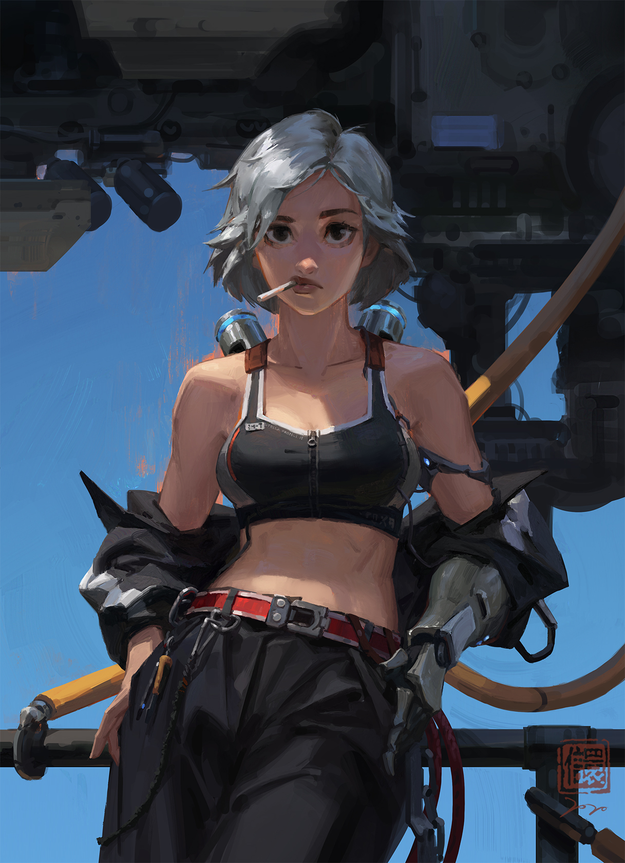 digital painting of a young woman with short grey hair. she's wearing a black sports bra, dark pants, and a red belt.  her left arm appears to be a prosthetic. she holds a cigarette in her mouth and leans casually against a large piece of futuristic machinery under a clear blue sky. the style is a blend of anime/manga influences with realistic rendering and cyberpunk elements. the overall mood is a blend of cool and tough. the background is mostly out of focus, drawing attention to the woman in the foreground.  a signature is visible in the bottom right corner.