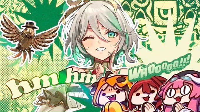 the image is a digital fanart drawing of genshin impact character collei. she is in the foreground and center of the image, smiling and winking while surrounded by smaller, cartoonstyle characters. the background is a stylized pattern in shades of green and white. the overall color scheme is bright and cheerful.