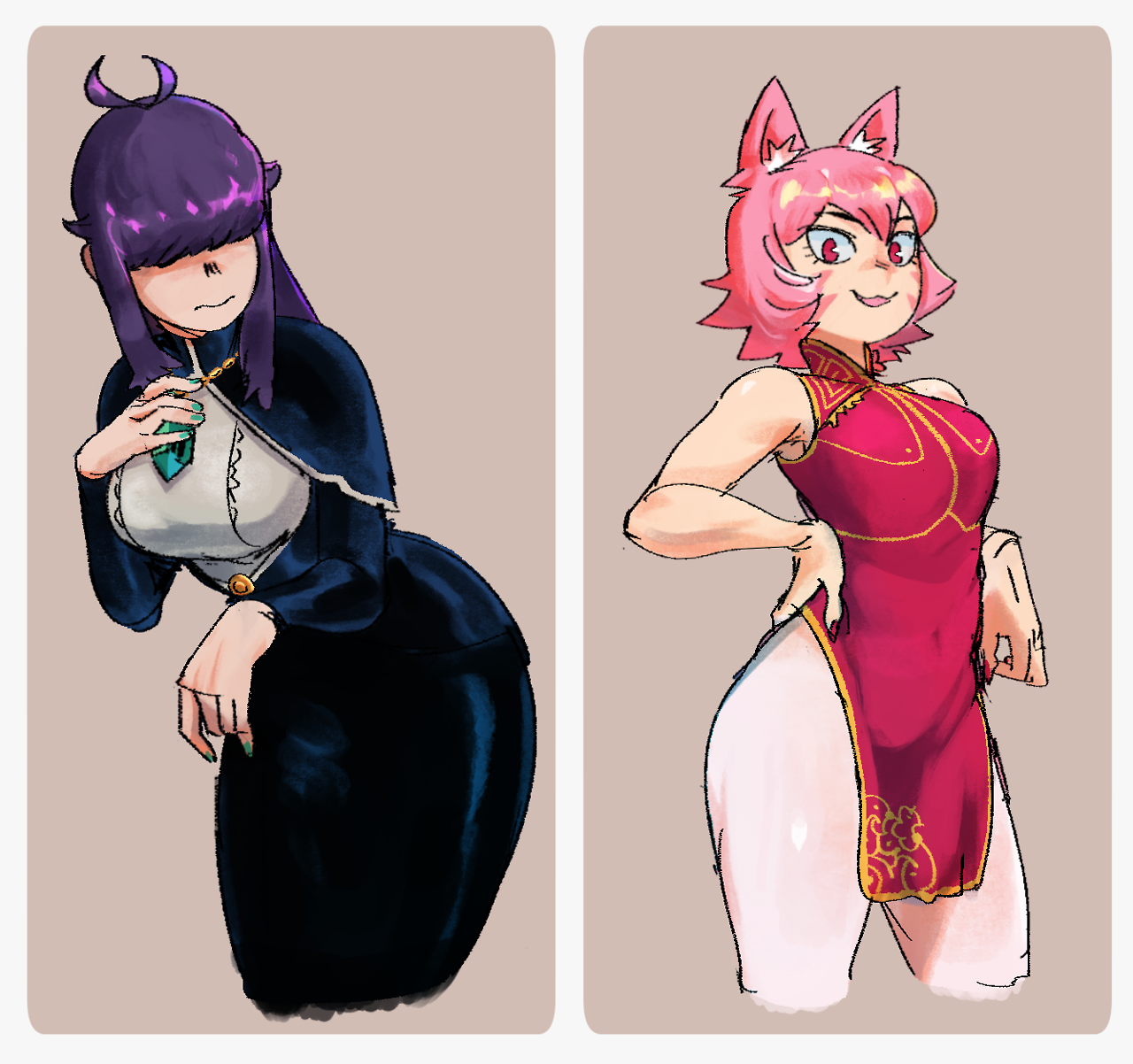 this is a digital illustration of two women in different outfits. on the left, a woman with long purple hair and black dress is standing in a relaxed pose, looking down. on the right, a woman with pink hair and cat ears, wearing a red chinese dress, is looking towards the right. the two women are facing each other and are placed in separate panels. both images have a very detailed style and are welldrawn.