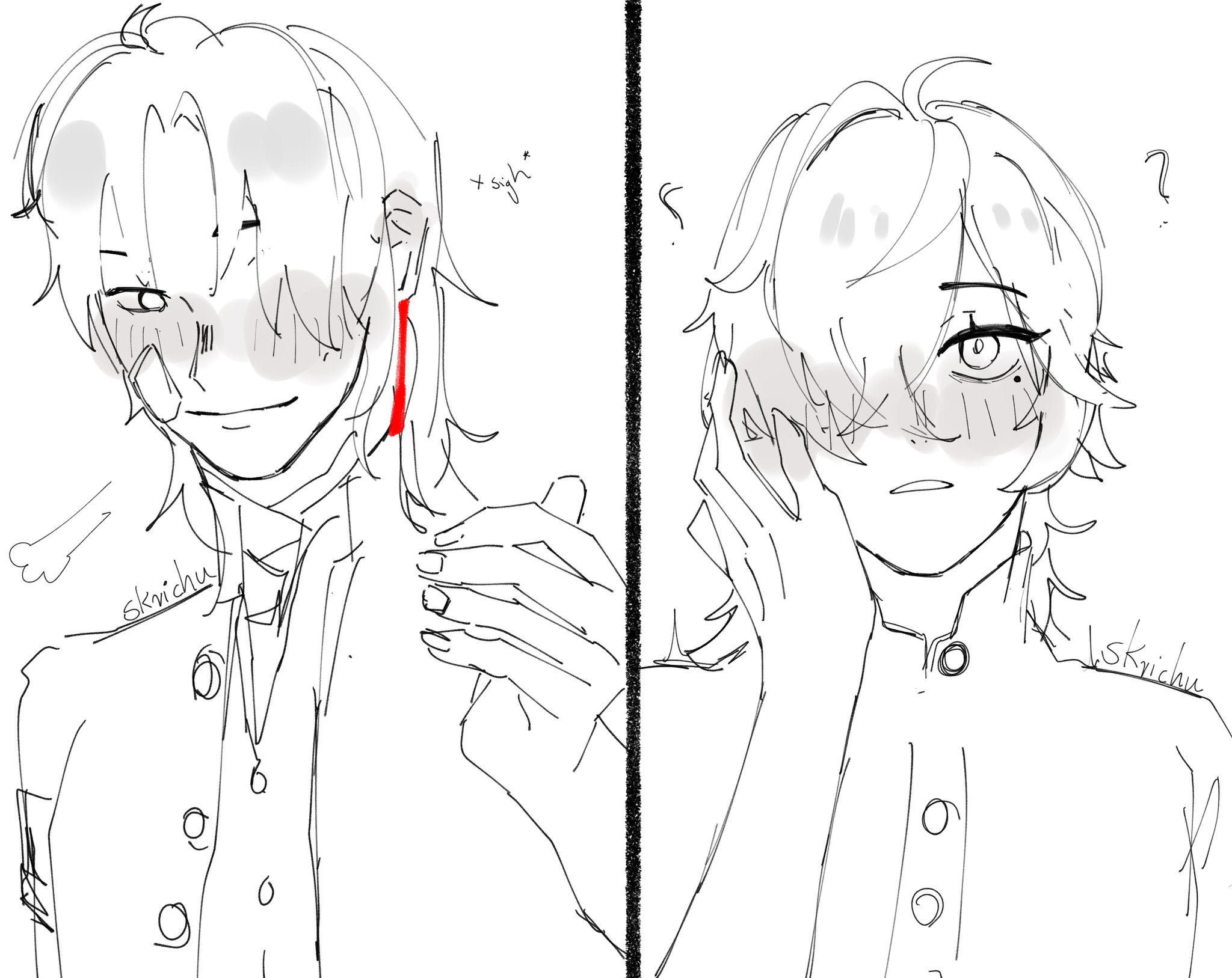 this is a sketch of an anime boy blushing. on the left side, he looks a bit smug and is holding his hand near his ear. on the right side, he looks embarrassed and has his hand on his cheek. the words "sigh" and "?" appear on the right side of the image as if they are coming from his thoughts. the art style is simple but cute.