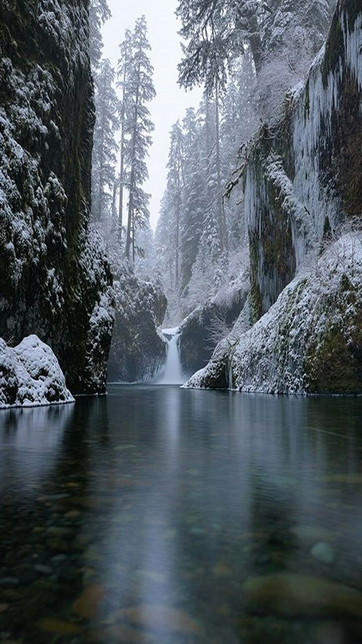 a scenic landscape features a river winding through a snowy canyon with a waterfall in the distance. tall trees covered in snow line the canyon walls, and icicles hang from the rocky cliffs. the water is calm and reflective, showing the colors of the rocks below. the atmosphere is serene and cold.