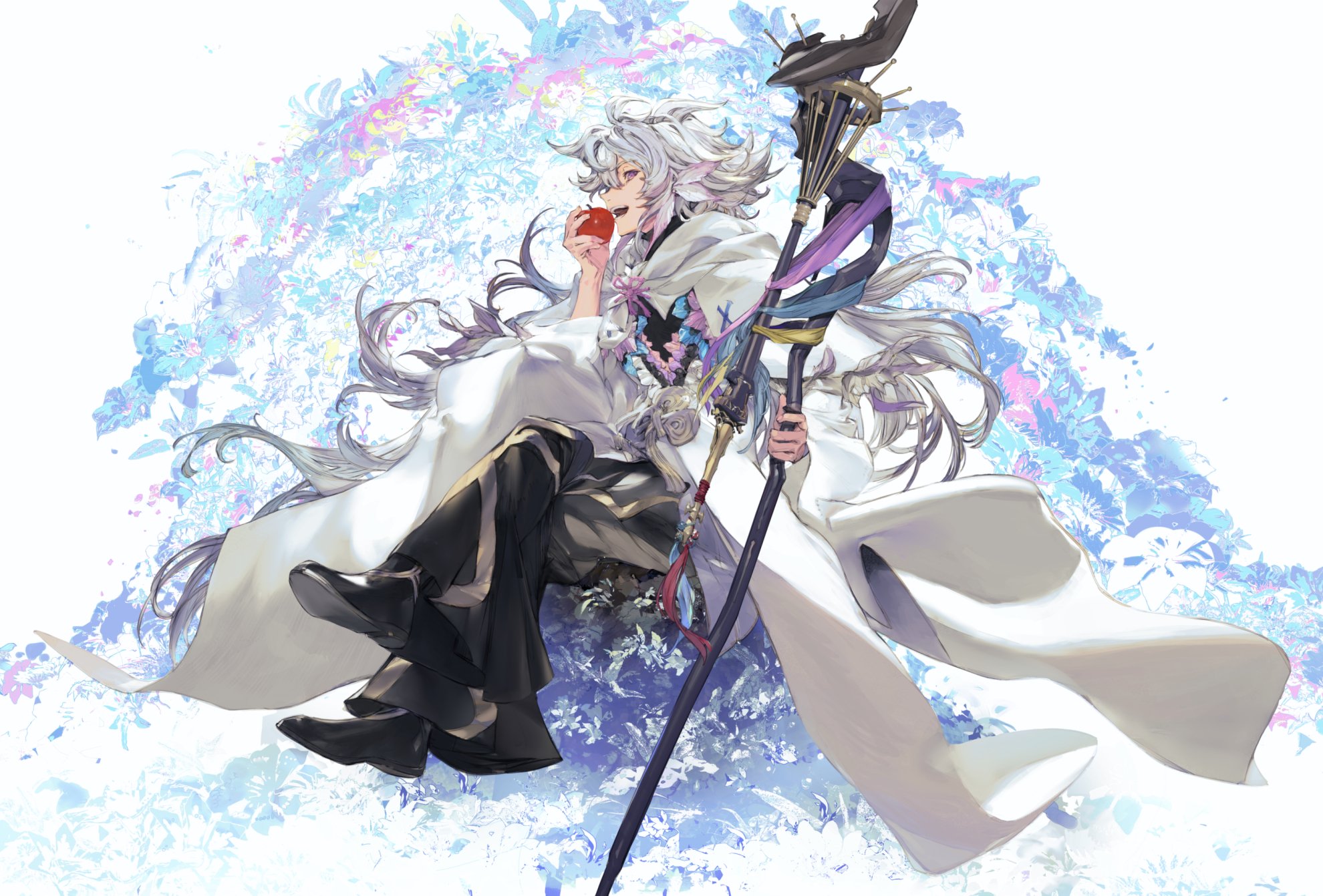 the image showcases a digital painting of a male anime character. he possesses long, flowing silver hair and is elegantly dressed in a long, white robe adorned with intricate details and a darkcolored undergarment. he is seated and holding a staff with colorful ribbons, giving off a mystical aura.  a red apple is held near his mouth. the background features a soft, blue and white floral design, creating an ethereal and dreamy atmosphere. the overall style is intricate and detailed, emphasizing both the character's graceful pose and the artistic beauty of the setting.