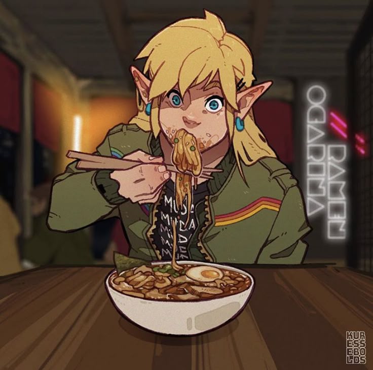 the image is a digital drawing in an anime or manga style of link from the legend of zelda eating ramen. he's using chopsticks to lift the noodles to his mouth and has some food on his face, suggesting he is eating messily. he is wearing a green jacket with rainbow stripes over a black tshirt with lettering. a bowl of ramen sits in front of him on a wooden table. in the background, there's a neon sign that reads "ramen ogaroma." the artwork is signed in the lower right corner by kurbs ebbolds. the overall style is colorful and expressive, and conveys a sense of casual enjoyment.