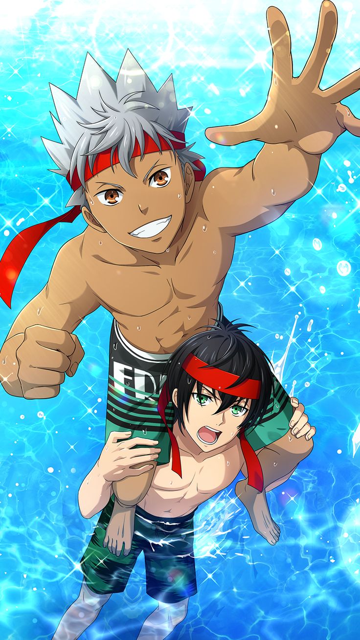 two anime boys are in a pool, splashing water. the taller boy is carrying the shorter boy on his back, both are smiling and having a great time. the taller boy is muscular and wearing red and black swim trunks, while the shorter boy is wearing green and black swim trunks. both boys have red headbands. they are surrounded by blue water with splashing water droplets. they are in a happy summer mood.