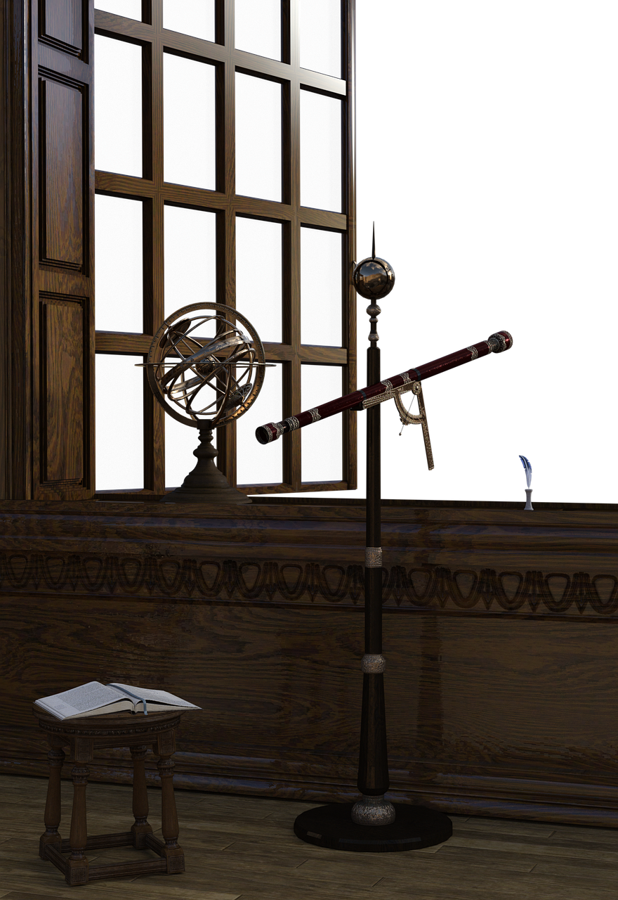 the image shows a dimly lit room with a telescope on a stand, an astrolabe on a table, a book on a stool, and a quill on a table near a window against a dark background.