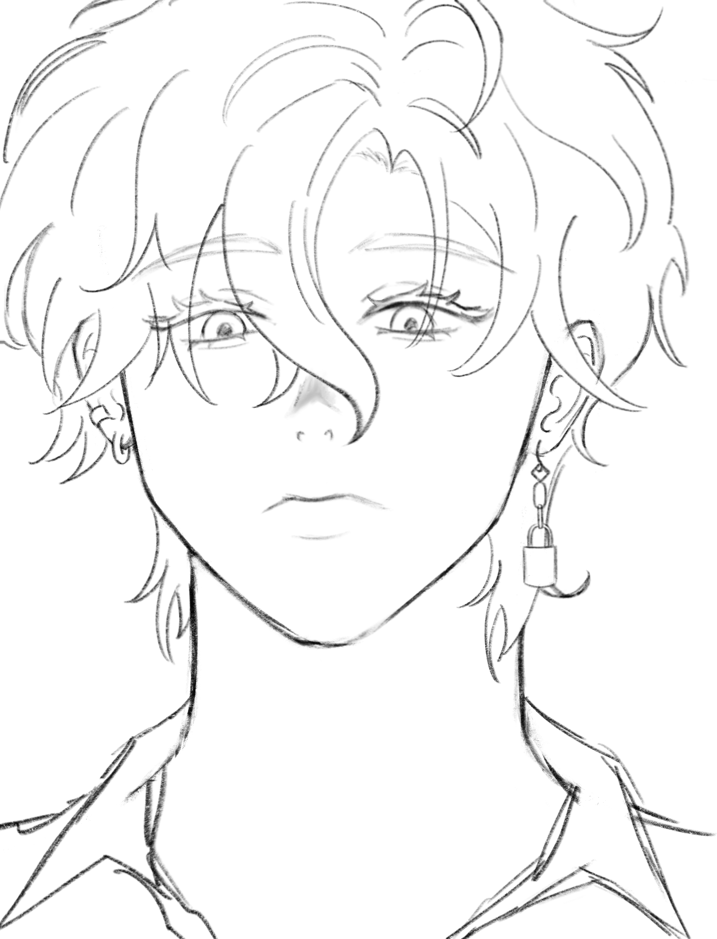 a grayscale sketch of an animestyle boy with slightly wavy shoulderlength hair. he has large expressive eyes and wears a simple collared shirt and small padlock earrings. the drawing is done in a loose, sketchy style with varying line weights and shading to create depth and texture. the overall expression of the character is pensive or slightly melancholic. the background is plain white.