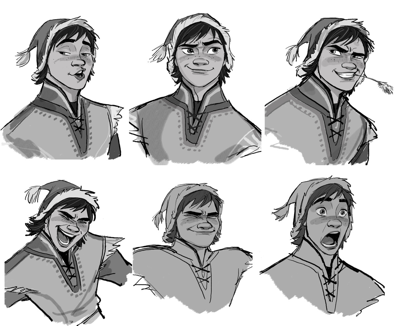 six grayscale drawings of kristoff from frozen 2 with varying facial expressions. each drawing shows his head and shoulders. he's wearing a collared shirt with laces and a winter hat with a pompom. the drawings show him with his mouth closed and open, smiling, laughing, and with his eyes wide.