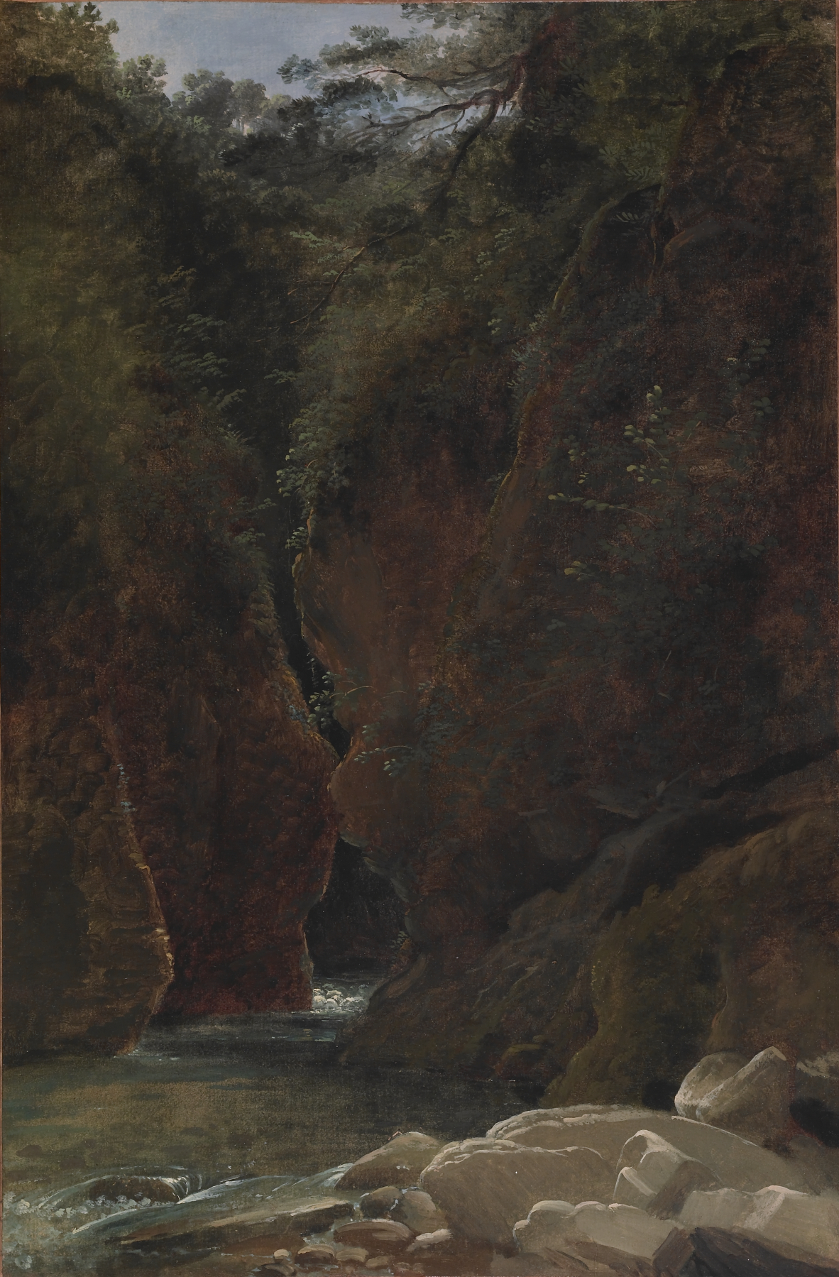 a landscape painting depicts a river or stream flowing through a narrow canyon. the canyon walls are steep and rocky, covered in trees and foliage. the water flows toward the viewer, with rocks and small rapids visible in the foreground. light and shadow play across the scene, creating depth and visual interest. the overall impression is of a remote, natural wilderness.