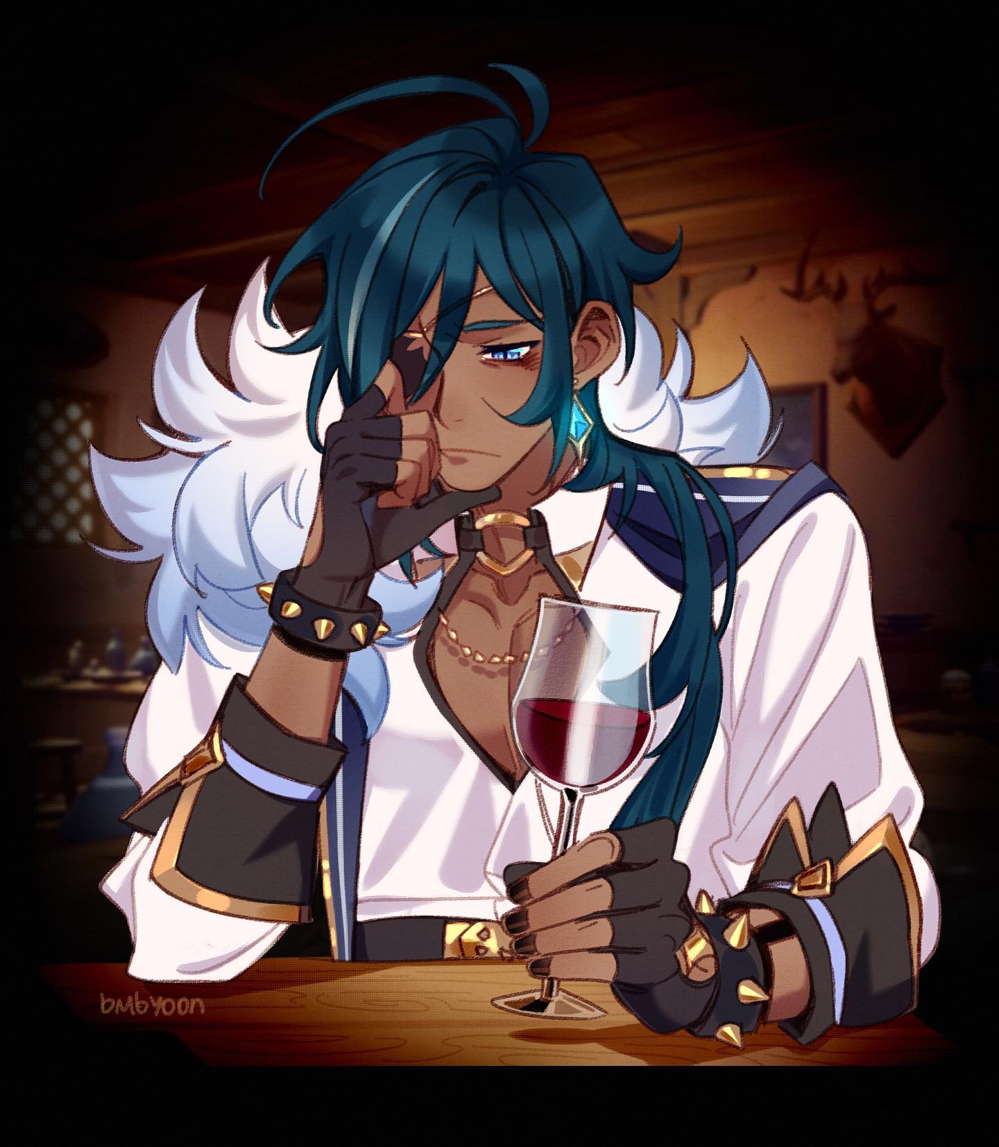 the image is a piece of vibrant digital fanart depicting scaramouche (kunikuzushi) from genshin impact. he is sitting at a bar or tavern, seemingly alone, with a wine glass in his hand.  he has his eyepatch on and his expression is melancholic and pensive.  scaramouche is depicted in his elegant, detailed outfit, complete with  spiked gloves. the style is reminiscent of anime and manga, with rich colors and a focus on character expression and detail. the background is a dimly lit, atmospheric tavern setting. the overall mood is somber and introspective.