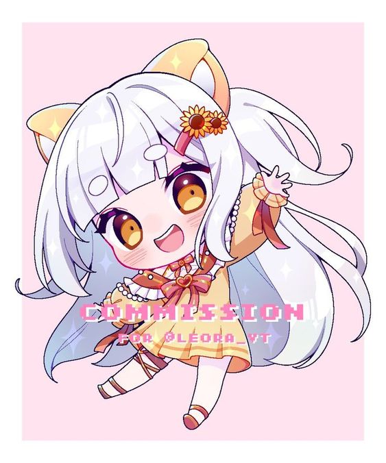 the image shows a digital illustration of a cute, animestyle chibi girl with white hair and fox or cat ears. she has large, expressive yellow eyes and a cheerful smile. she wears a yellow dress with a heartshaped button and white stockings. her long hair is adorned with a sunflower. the background is a soft pink, and the overall feeling is light and playful. the image is marked as a commission for someone named "léora_vt".