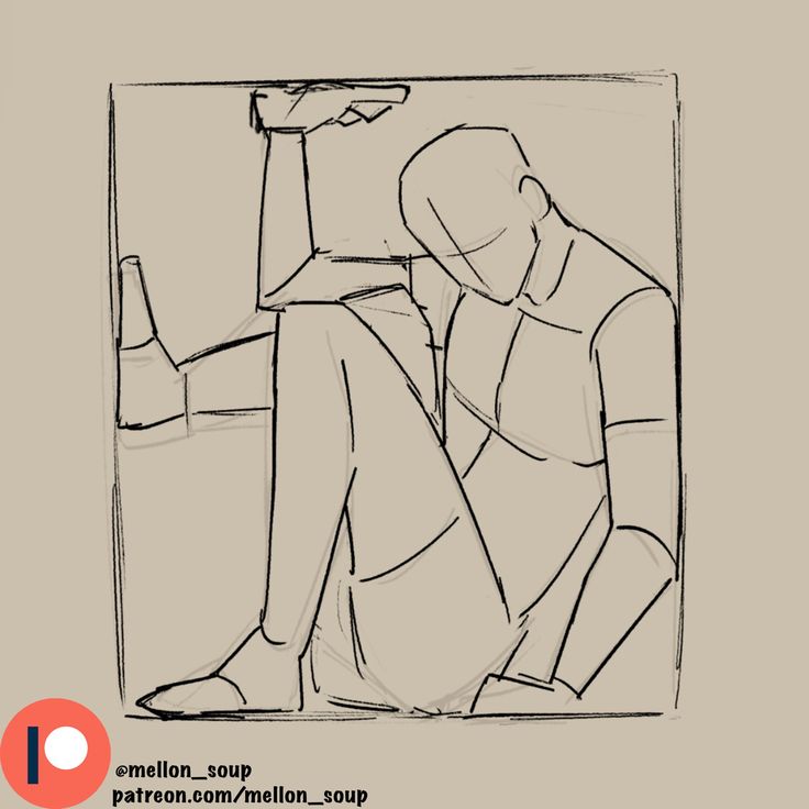a line art sketch of a figure sitting with one leg tucked and the other stretched out to the side. the figure is depicted in profile. the drawing is done in black and white. the person is in a cramped position. the person's head is tilted down, as if in a state of despair.