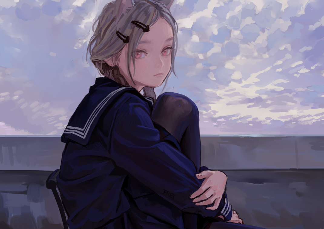 an illustration of an anime girl with cat ears sitting in a chair against a backdrop of clouds and a cityscape. she is wearing a dark blue school uniform and dark tights. she has grey hair styled with hair clips. her expression is pensive and thoughtful. the sky is filled with clouds, and the overall mood is calm and introspective.