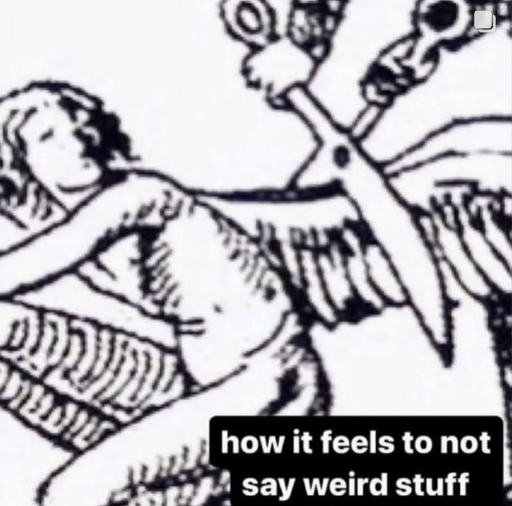 a black and white image showing an angel figure whose wings are being cut with scissors. the image includes text that reads "how it feels to not say weird stuff."