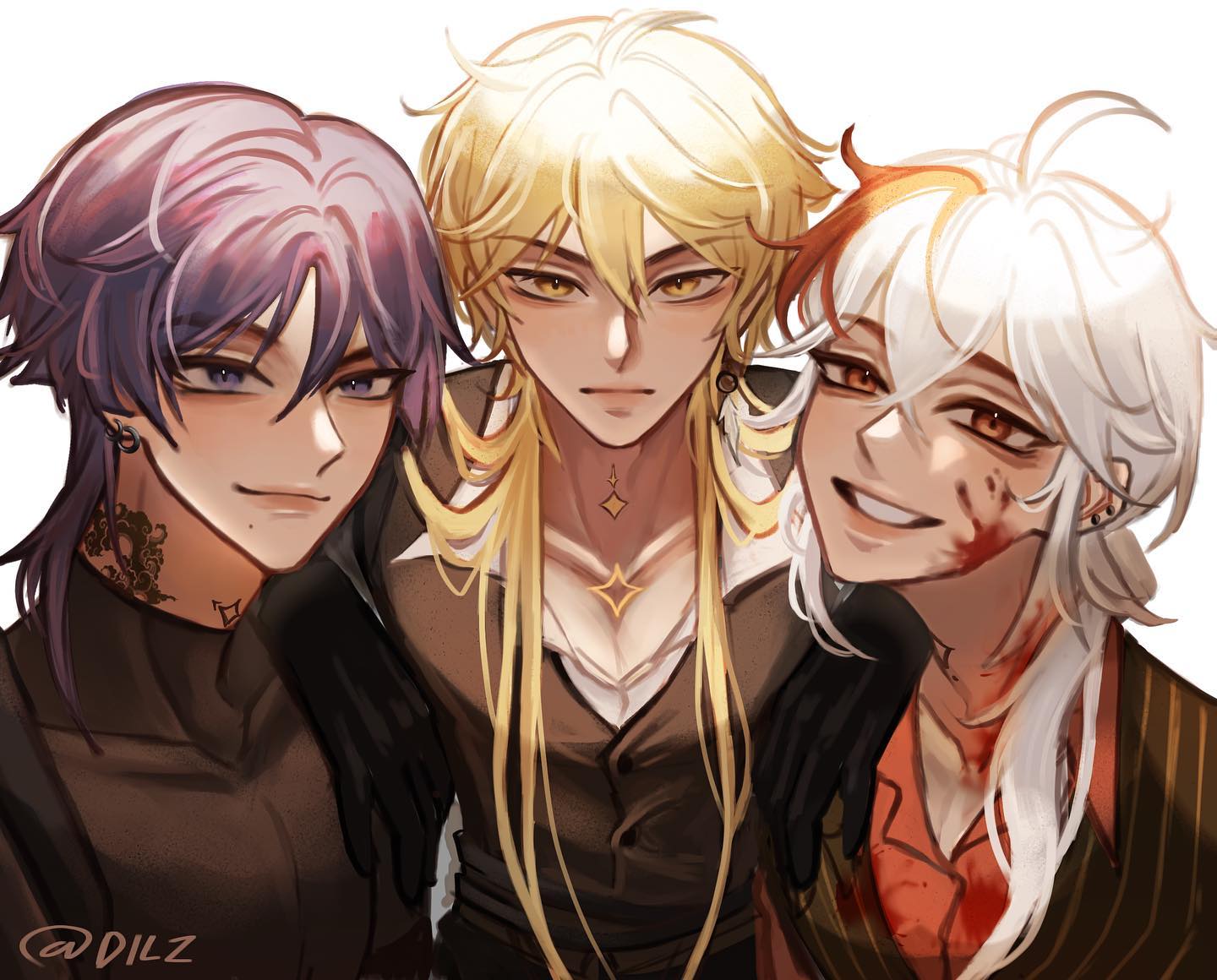 the image is a digital fanart depicting three animestyle male characters in a closeup portrait.  the character on the left has long purple hair, a darkcolored outfit, and a tattoo on his neck. the character in the center has long blonde hair, and wears a brown suitlike outfit. the character on the right possesses long white hair with streaks of orangered and wears a pinstriped suit with a red shirt;  he has noticeable bloodstains on his face and neck.  all three characters have striking features, and their expressions range from a slight smirk to a wide, potentially mischievous smile.  the overall style is elegant, with attention to detail in clothing and hair. the artistic style is soft and painterly, with subtle shading and highlights.