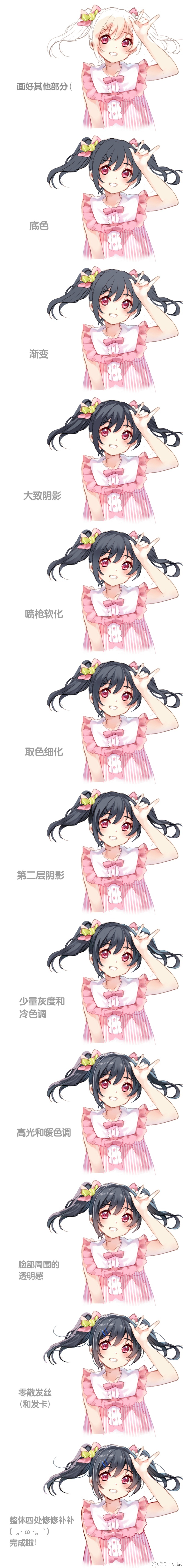 the image is a vertical collage of an anime girl with pink hair and a pink dress. the girl's eyes and cheeks are red, and she is smiling. she is shown with her hair in a side ponytail and is wearing a white bow.  the image is in a collage format, with the girl's head moving from left to right, and the image getting closer to the viewer.