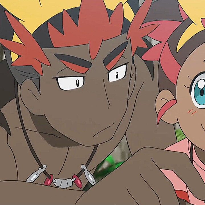 a closeup shot of an anime couple looking at something offscreen to the right, with the man on the left and woman on the right. the man has reddishbrown hair and a brown skin tone. he is wearing a necklace. the woman has pink hair and a light brown skin tone. she is wearing a pink shirt with a red trim.  they are both looking with an expression of interest and wonder.