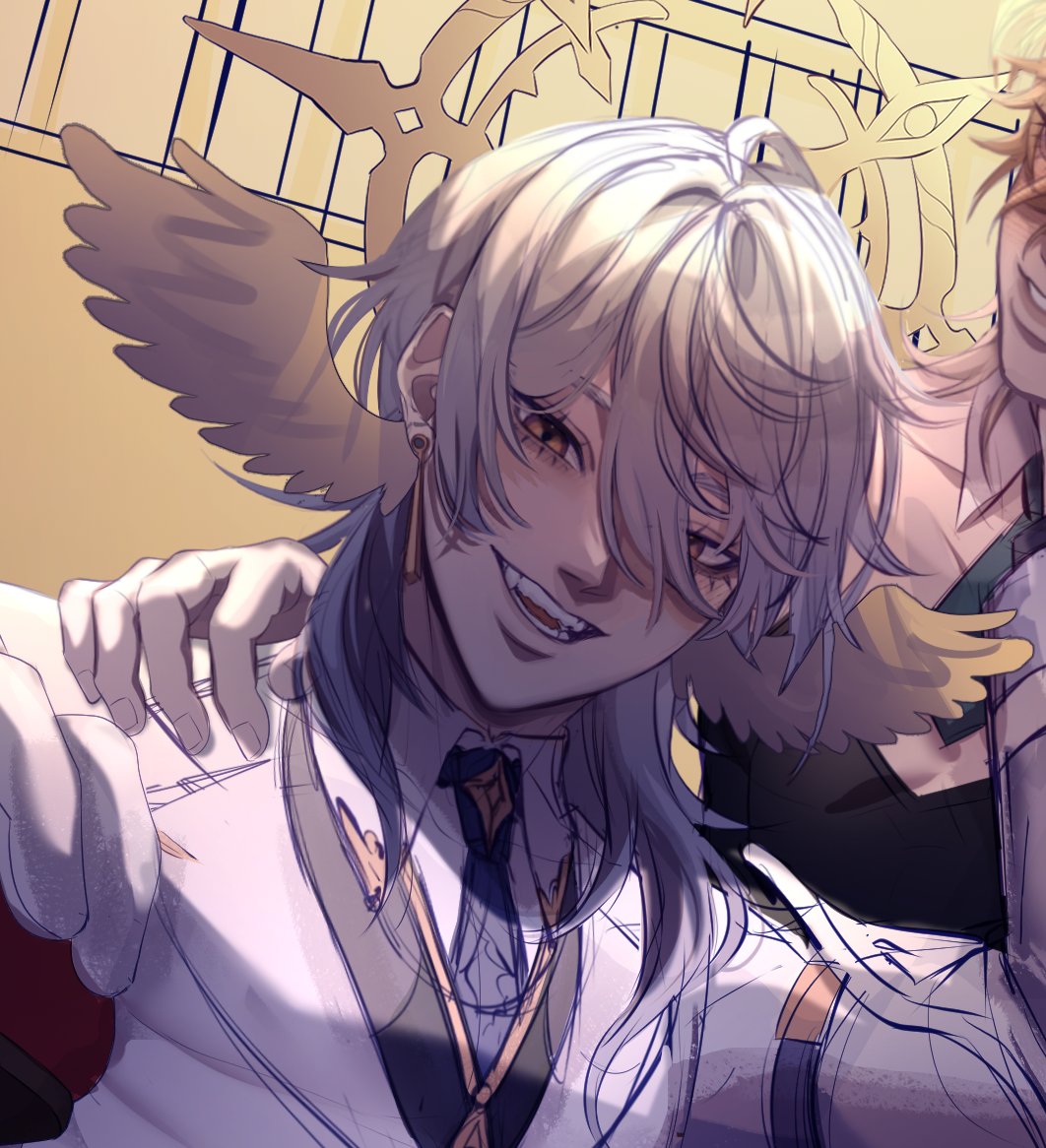 a digital drawing of a male anime character with white hair and golden eyes. he is wearing a suit with a tie and has a slight smile. he is also wearing wings that have gold highlights. the background is a blur of gold and white.