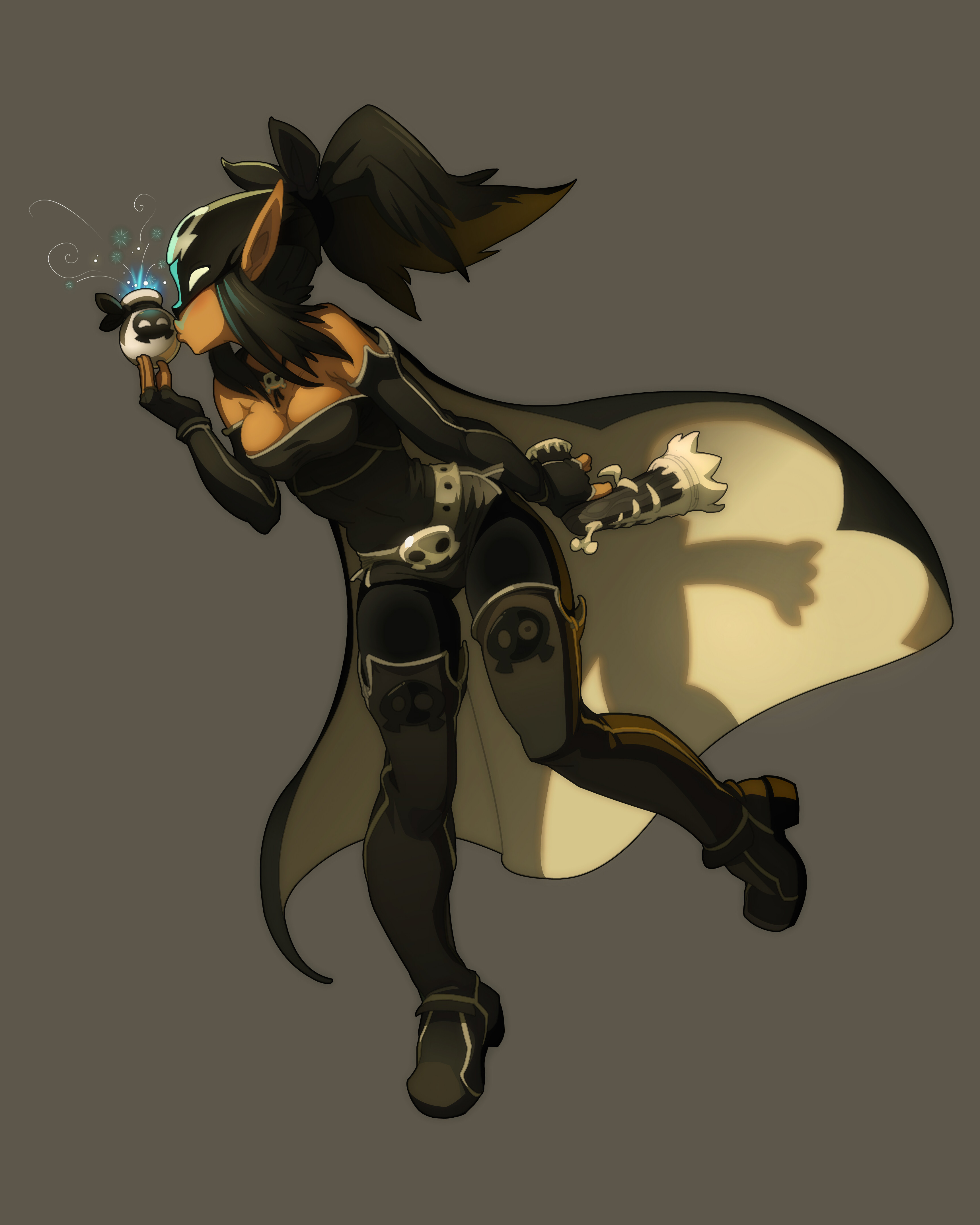 a female elf warrior in a dark cloak, with long black hair and a weapon. she is holding a skull in her left hand and is flying in the air with her cloak flowing behind her.