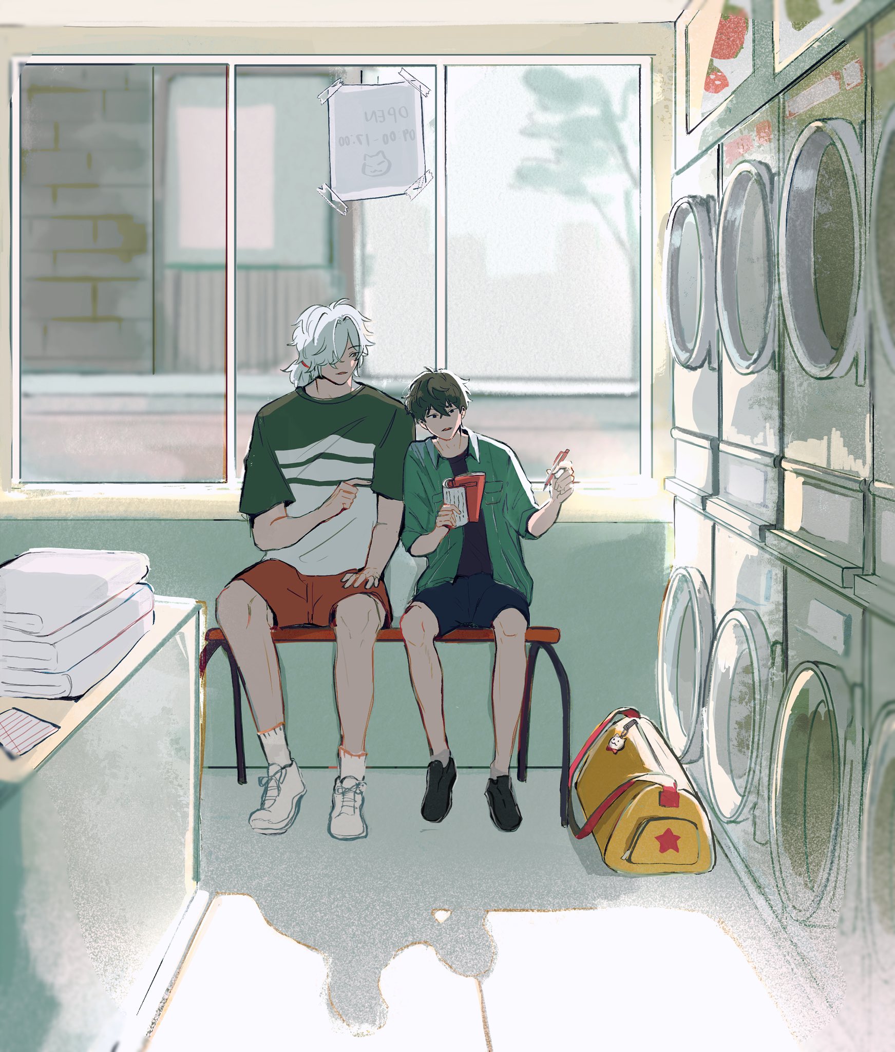 two men are sitting on a bench in a laundromat. they are waiting for their laundry to finish. one man is wearing a white shirt with green stripes, blue shorts and white shoes, and is drinking a red soda. the other man is wearing a green shirt and dark blue pants with black shoes. there are washing machines behind them and a window in the background. the sun is shining through the window. there is a yellow bag on the floor next to them. the scene is set in a bright and sunny laundromat. the men look happy and relaxed.