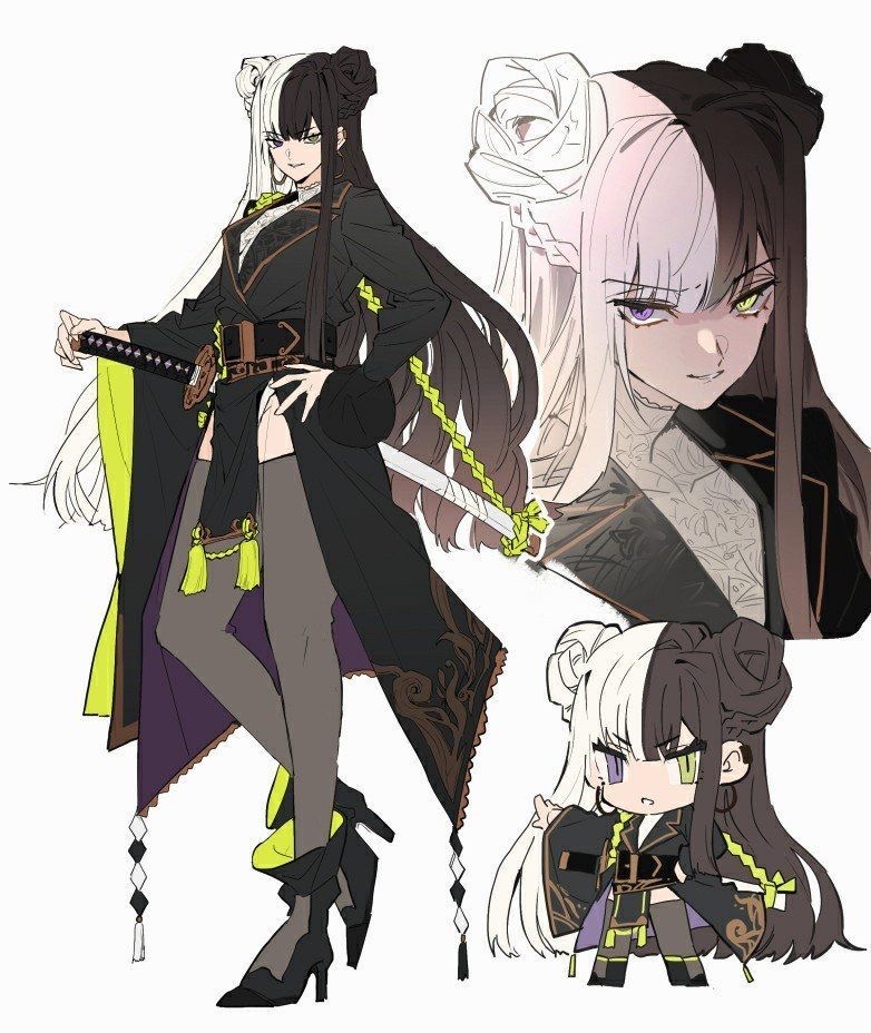 the image is a digital illustration of an anime character. the character is a young woman with split black and white hair, purple and yellow eyes, and a black kimono with yellow accents. she is holding a sword, smiling confidently.  a chibi version of the character is also shown in the lower right corner. the style of the art is clean and modern, with a focus on detail and realism. the character is presented as a strong and powerful figure.