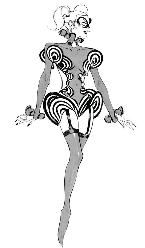 a black and white illustration of a woman wearing a black and white striped outfit with a swirl design. her hair is pulled back and she is wearing a small pair of sunglasses. the woman is in a pose as if she is about to perform.
